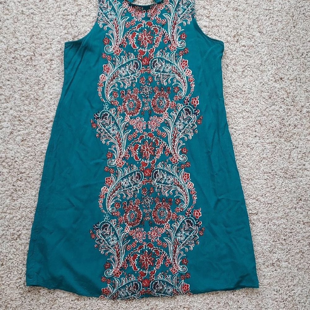 Teal Sleeveless Dress with Intricate Pattern